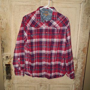 JACHS GIRLFRIEND Red Plaid Snap Western Flannel Paisley Shirt Size L  (DD-25)